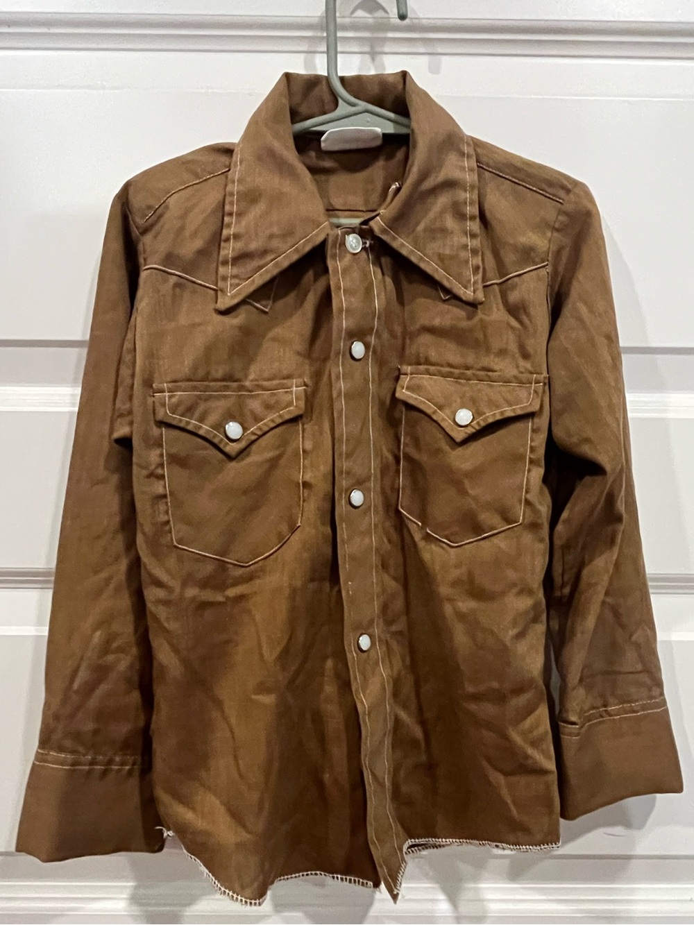Vintage Brown 70s Boys Western Cowboy Pearl Button Snap Up Shirt Rodeo Size 6